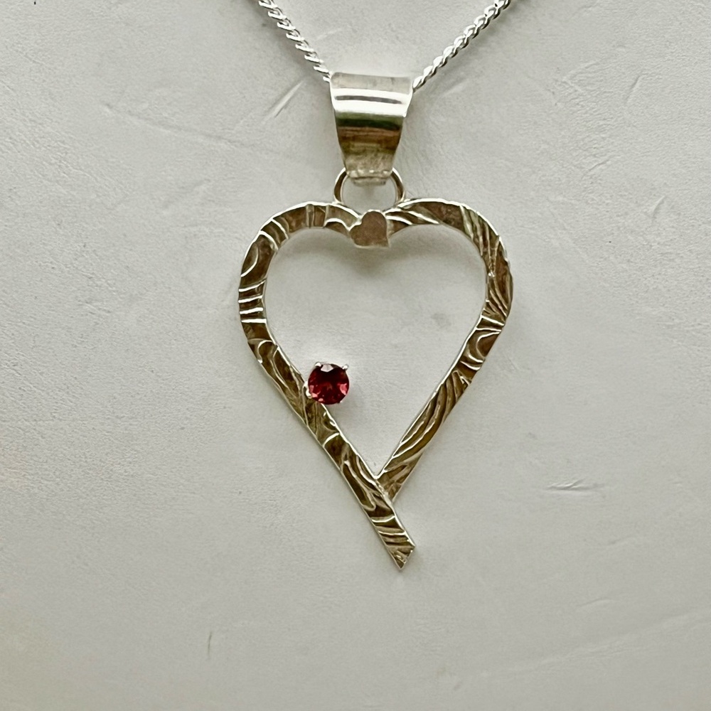 Sterling Silver Heart Pendant Necklace with Red Garnet Gemstone